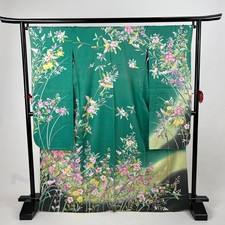 Japanese Vintage Kimono Furisode Silk Green Elegant Length 63.1in Minor Stain