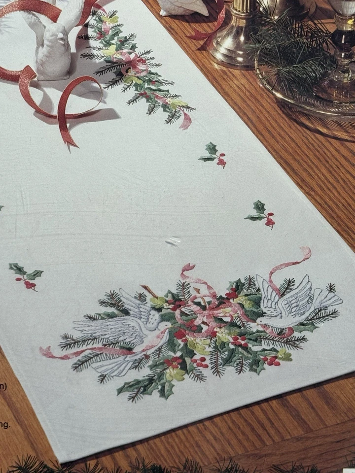 Bucilla Stamped Embroidery Tablerunner Kit DOVES AND HOLLY #82982 14”x44” - Image 3 of 4