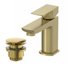 Mini Cloakroom Basin Mixer Tap & Waste Set - Square Single Lever - Brushed Brass