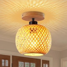 Schindora Bamboo Ceiling Light, Mini Boho Flush Mount Rattan Fixture