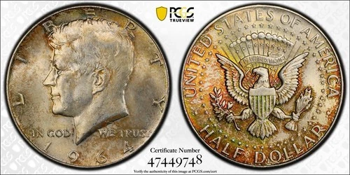 1964 Kennedy Half Dollar PCGS MS64 w/ TrueView Rainbow Reverse