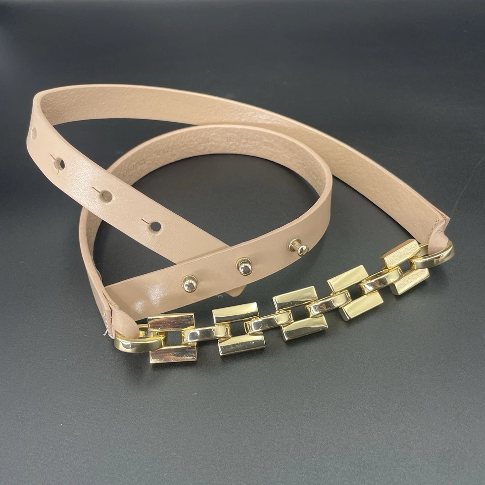 Cinturón vintage de cuero Ann Taylor ~ cadena beige/dorada-hebilla de pasador medio Foto 2 de 4