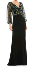Mac Duggal Embroidered Mesh Long Sleeve Column Gown Black  Size 12