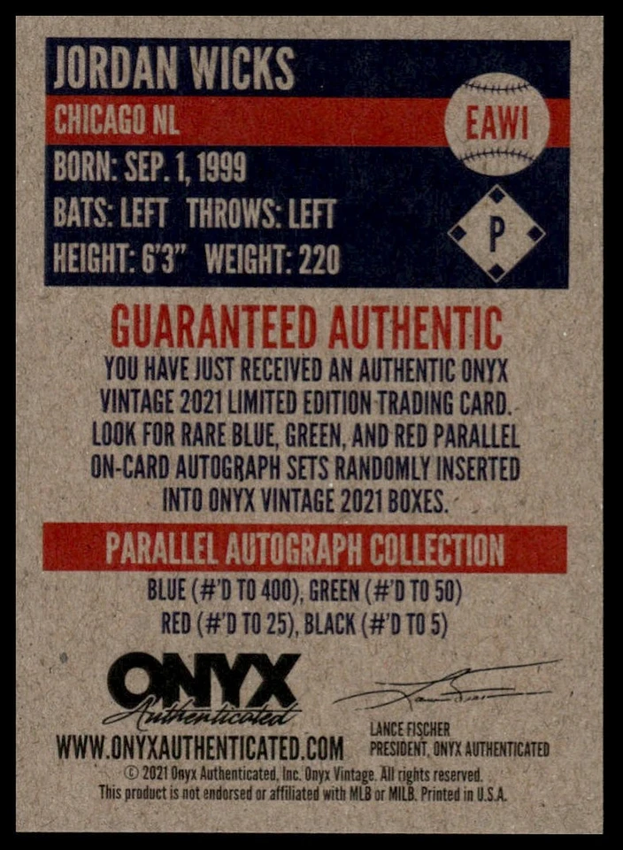 2021 Onyx Vintage Extended #EAWI Jordan Wicks Blue Signatures - Image 2 of 2