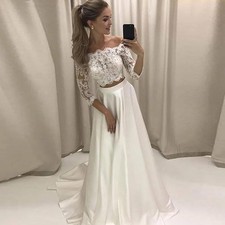 Strapless Lace Satin Boho Wedding Dresses Ball Gowns Half Sleeves Beach Bride