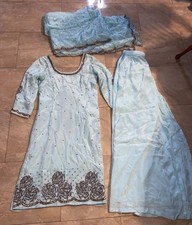 Indian 3-Piece Blue Sharara Suit for Women Party Wear Beaded Embroidery Size XS