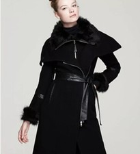 New! Mackage Isabel Shearling Accent Wool Coat - Rare-nwt Xs Black - Reg $1,350