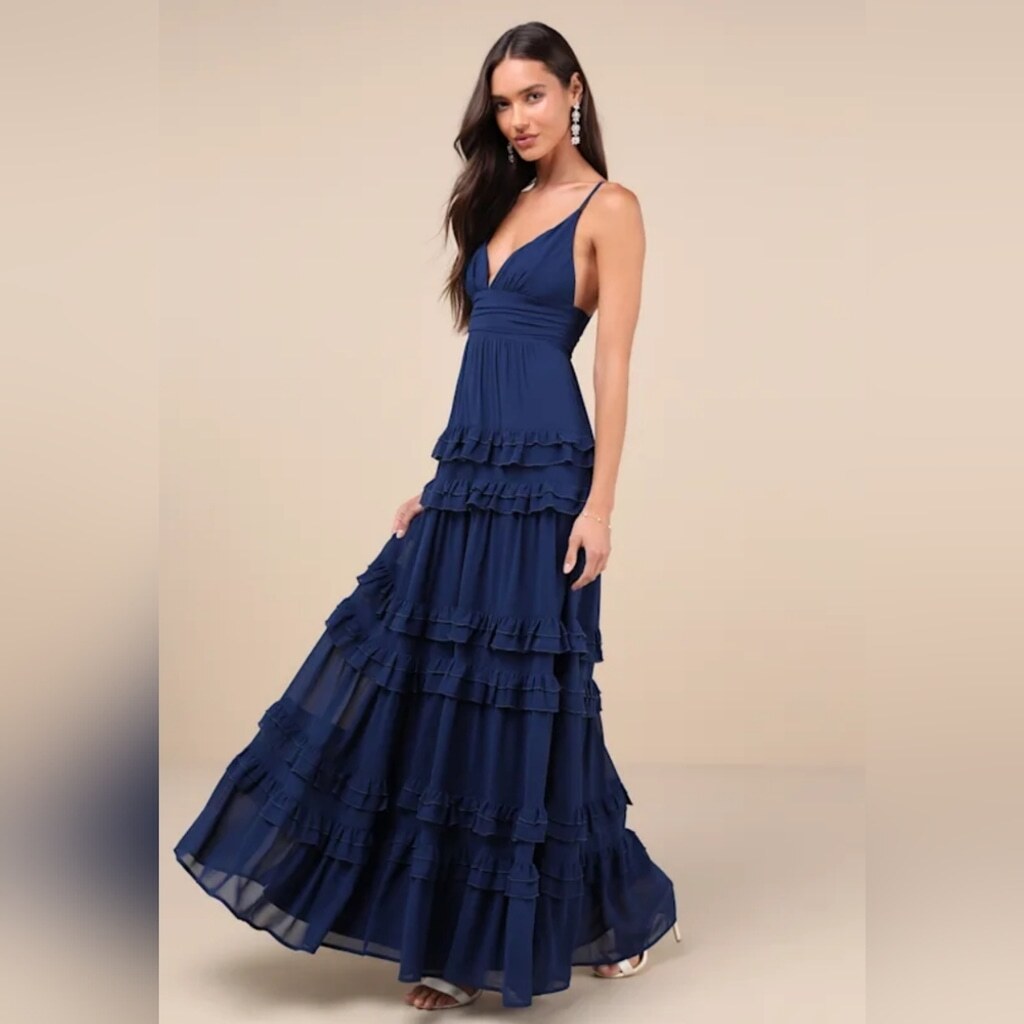 NWOT Lulu's Navy Blue Ruffled Tiered Maxi Dress Size XL=14/16