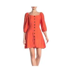 MelloDay Dress Womens Large Orange Puff Sleeves Pockets A-Line Mini Cottagecore