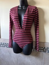 Reformation Pink Purple Multi Stripe V-neck bodysuit SZ S Pre-owned