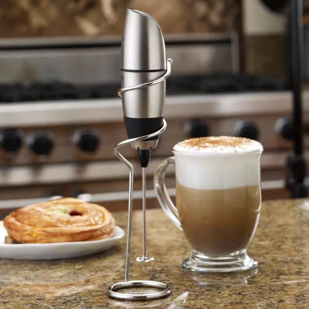 Milk Frother Stainless Steel Make Cappuccinos Mocha Latte With Chrome Stand