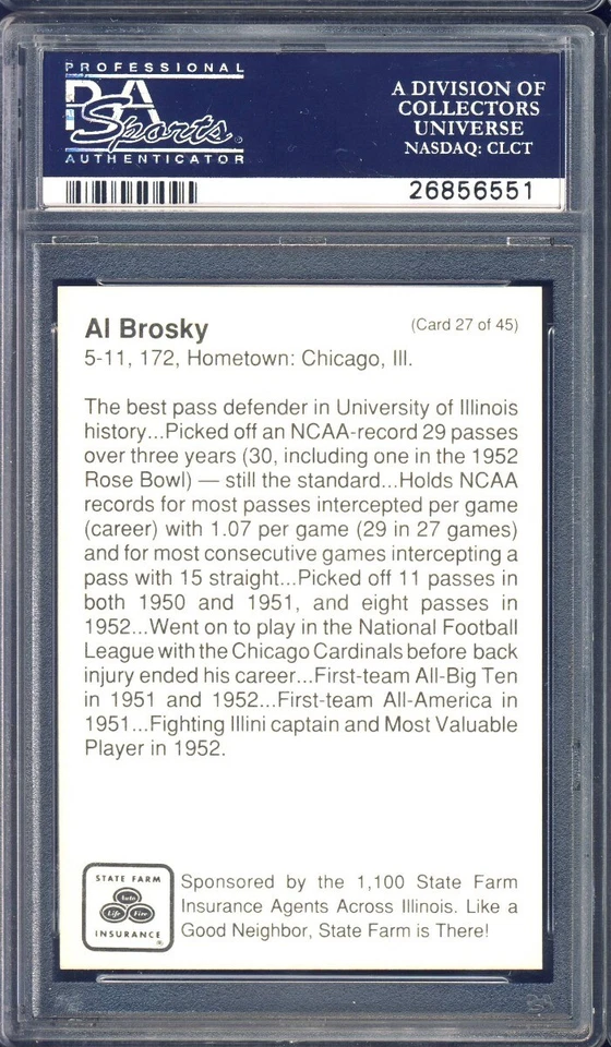 1990 Illinois Centennial Football #27 Al Brosky PSA 10 - Image 2 of 2