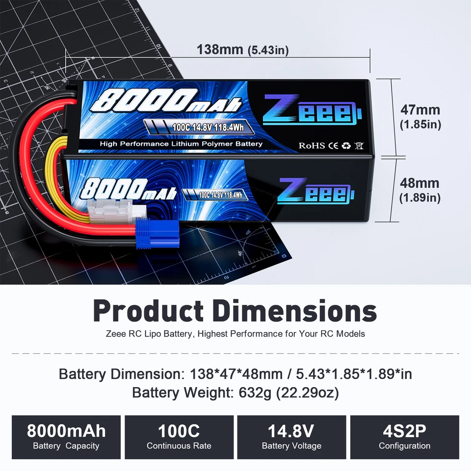 2x Zeee 14.8V 100C 8000mAh EC5 4S Lipo Battery for X-Maxx Kraton Outcast RC Car - Image 3 of 4