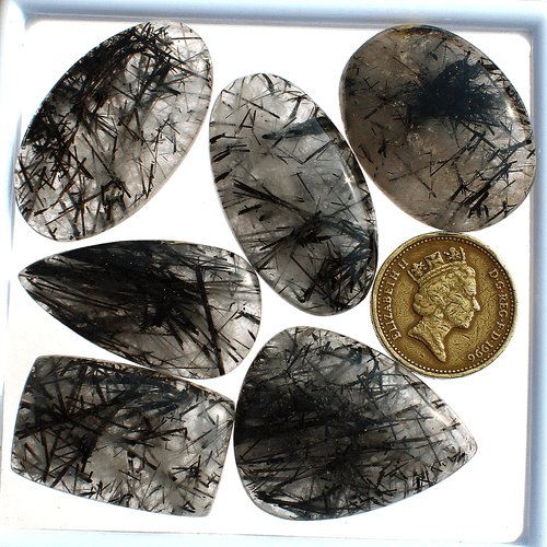 6 PC Natural Tourmaline Rutile Quartz Top Grade 32mm-39mm Cabochon Gemstones Lot - Picture 3 of 13