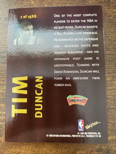 1997-98 Skybox Premium Star Search Tim Duncan 1SS - Picture 2 of 4