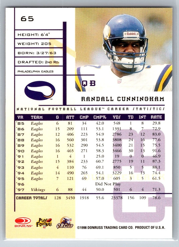 1998 Leaf Rookies & Stars Randall Cunningham Minnesota Vikings 65 eBay