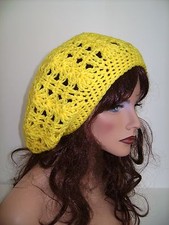 BRIGHT YELLOW KNIT CROCHET RASTA BAGGIE BAGGY SLOUCHY BEANIE HAT BERET TAM CAP