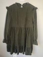 SHEIN LUNE Women's Frill Trim Babydoll Green Dress Size Large Corduroy Holiday