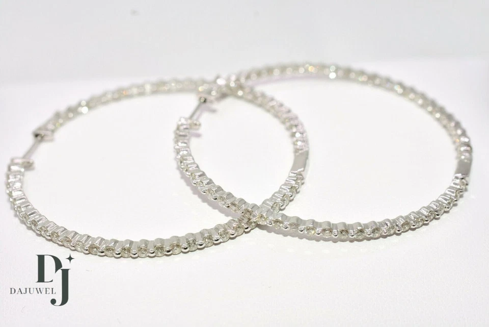 Solid 14K White Gold Moissanite Inside Out Hoop Earrings 2 Carat Round Cut VVS1 - Image 4 of 4
