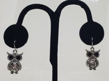 Owl Rhinestone Pierced Earrings Dangle Black Eyes Silver Tone 1"