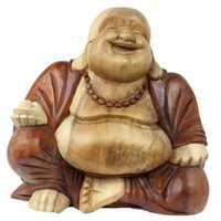 Happy Buddha-Figur China Skulptur Sitzend Budai Figur 31 Cm Holz Braun Natur