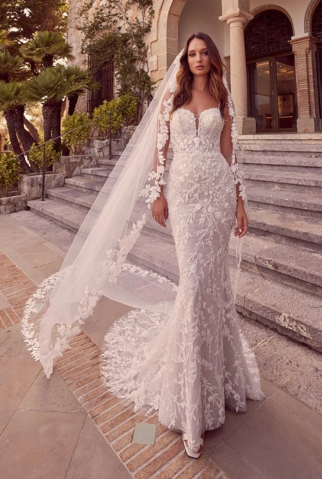 婚礼新娘面纱 1 层大教堂长度花边波浪边带梳子贴花 — 第 2/4 张图片