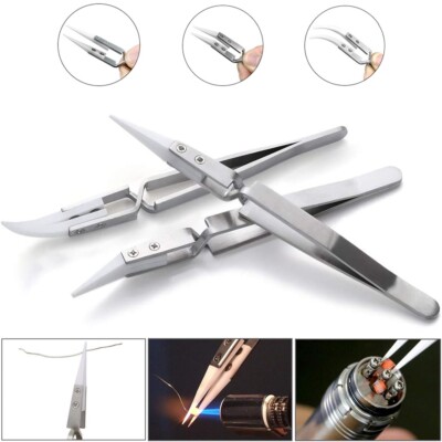 3Pcs Precision Reverse Ceramic Pointed & Curved Tip Tweezers Se Anti-Magnetic