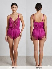 VTG 80s Blush Val Mode Magenta Satin Lace Teddy Romper Small USA High Cut