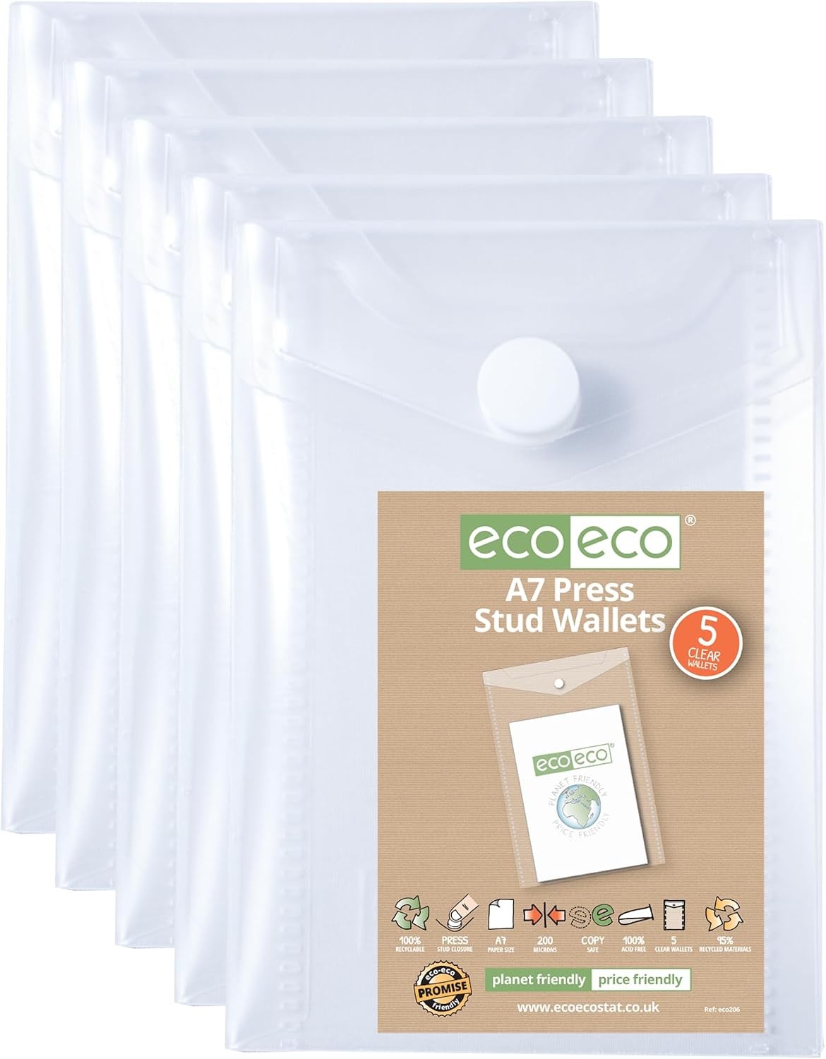 eco-eco Mini 95% Recycled Clear Transparent Portrait Press Stud Popper Wallet, Plastic Folders 74x105mm (Pack of 5), 200mic, eco206 - Image 2