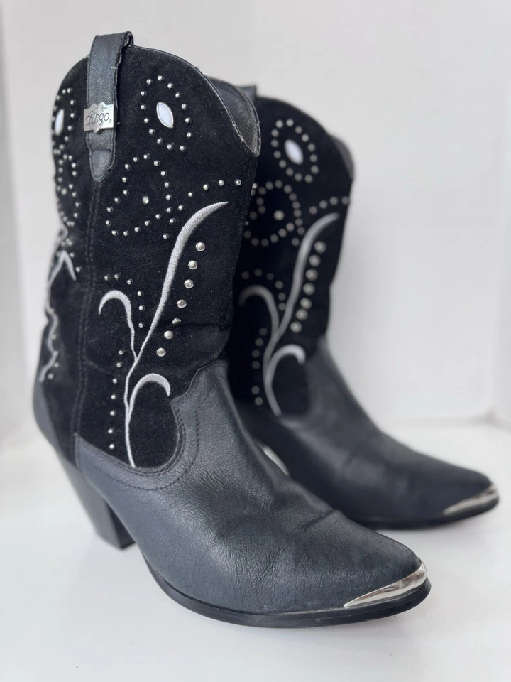 Botas vaqueras Dingo negras de cuero con tachuelas Ava con tacón apilado para mujer talla 9 Foto 2 de 4