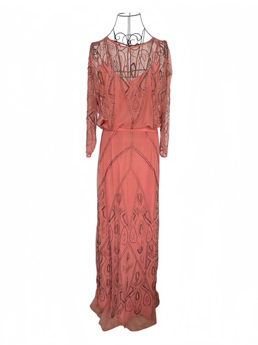 Intropia Embellished Maxi Dress EU 42 Coral Beaded Crystal Sheer Overlay Luxury