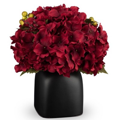Hydrangea Artificial Flowers in Ceramic Black Vase, Burgundy Silk Hydrangea C...