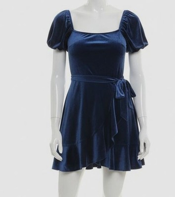 Trixxi Women's Juniors' Blue Velvet Puff Sleeve Faux Wrap Dress Size: S