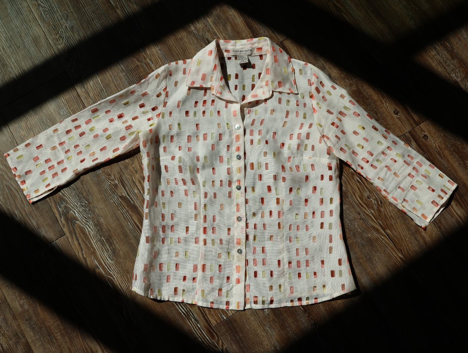 Notations Petite Womens PS Blouse Linen Blend Geometric Semi Sheer Button Up Top