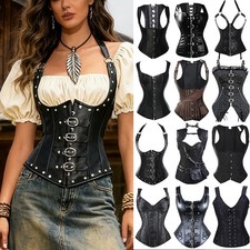 Women's Waist Trainer Burlesque Basque Top Costume Black Overbust Lace Up Corset