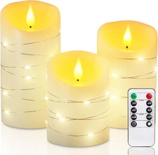 Homemory Flameless Candles with String Lights, 3 Pack Embedded Fairy Ivory 