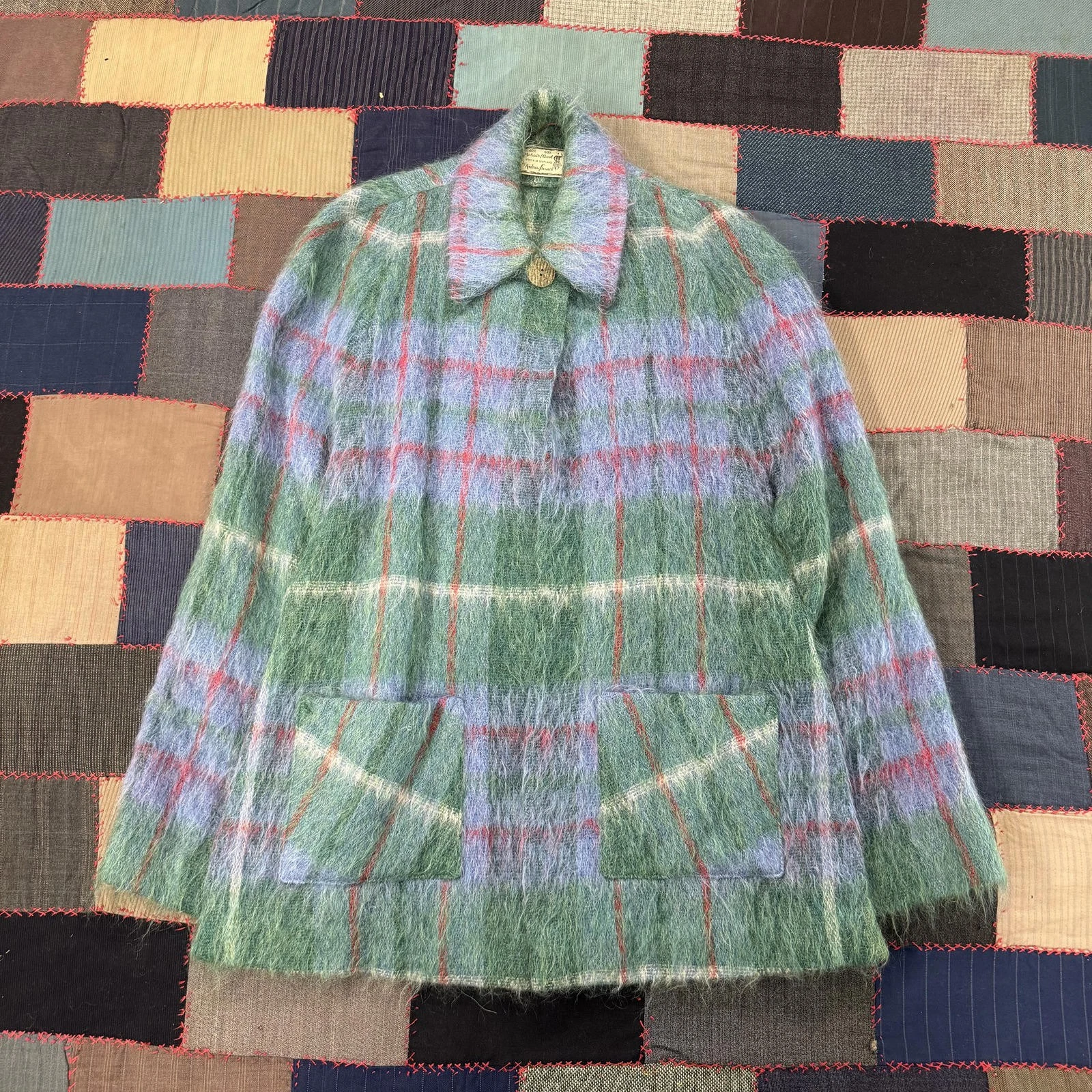 Vintage 60s Andrew Stewart Mohair/Wool Plaid Fuzzy Scotland Poncho Style Cape