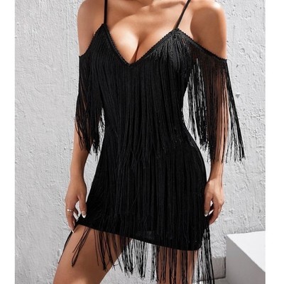 Black Fringe Flapper Dress Size Large V-Neck Spaghetti Strap Cocktail Party Mini