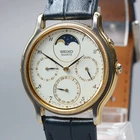 Vintage 80s Seiko 7F38-6190 Moon Phase Calendar Quartz Men Watch New Batt N MINT
