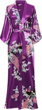 Women's Kimono Robe Long Satin Robes with Peacock and Blossoms Printed Kimono