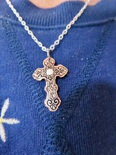 Vintage Medieval Motif Cross On A Silver Tone Chain w/Copper Cross