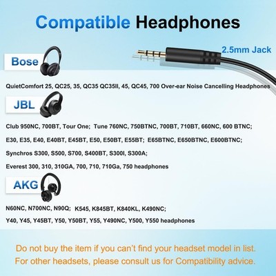 Aux Audio Cable Mic Vol Control 3.5mm 2.5mm Replacement Bose QC45
