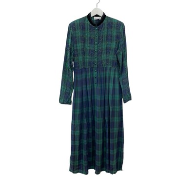 Vintage 90s Styleworks Sz 8 Green Blue Plaid Embroidered Velvet Trim Maxi Dress