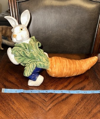 Majolica Art Pottery Easter Bunny Rabbit Large Carrot Centerpiece Sculpture 12''