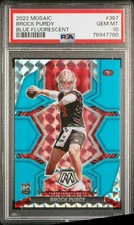 2022 Panini Mosaic Rookies Brock Purdy Blue Fluorescent Mosaic Prizm /15 (RC)