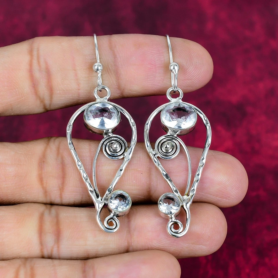 White Topaz Gemstones Handmade 925 Sterling Silver Artisian Earrings Jewelry - Image 4 of 4
