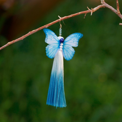 AD66 White Pearl Lapis lazuli tourmaline stereoscopic butterfly tassel earring - Picture 3 of 9