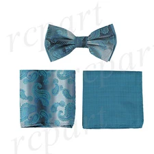 New Brand Q Men's Pre-tied Bow tie & 2 hankie Blue paisley formal wedding party