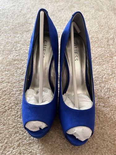 GUESS Peep Toe GF Adison5 Blue Multi 4.5" Heel Stiletto Pump Shoes Size 8.5