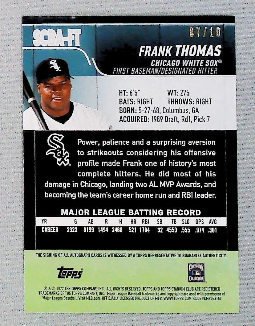 2022 Frank Thomas Topps Stadium #SCBA-FT AUTO /10